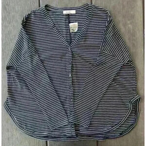 Mod Ref Oversized Button Down Top Blouse Sz Small Navy Blue White Striped V-Neck